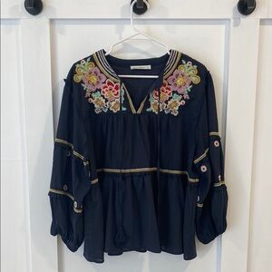 SEE and BE SEEN embroidered navy blue blouse